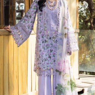 Elaaf Lawn Collection 2026: Exquisite Lavender Blue Embroidered Floral Suit with Printed Silk Dupatta
