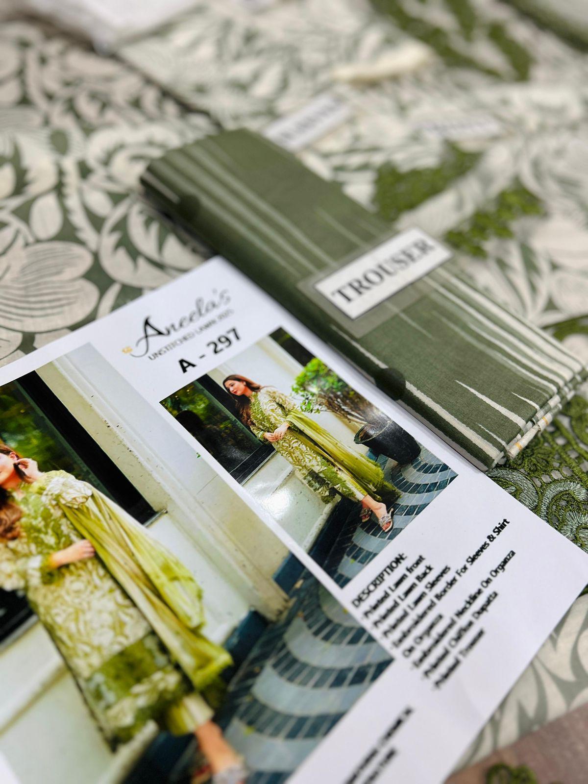 Aneela’s A-297 Olive Green Embroidered Lawn Suit with Chiffon Dupatta - Image 10
