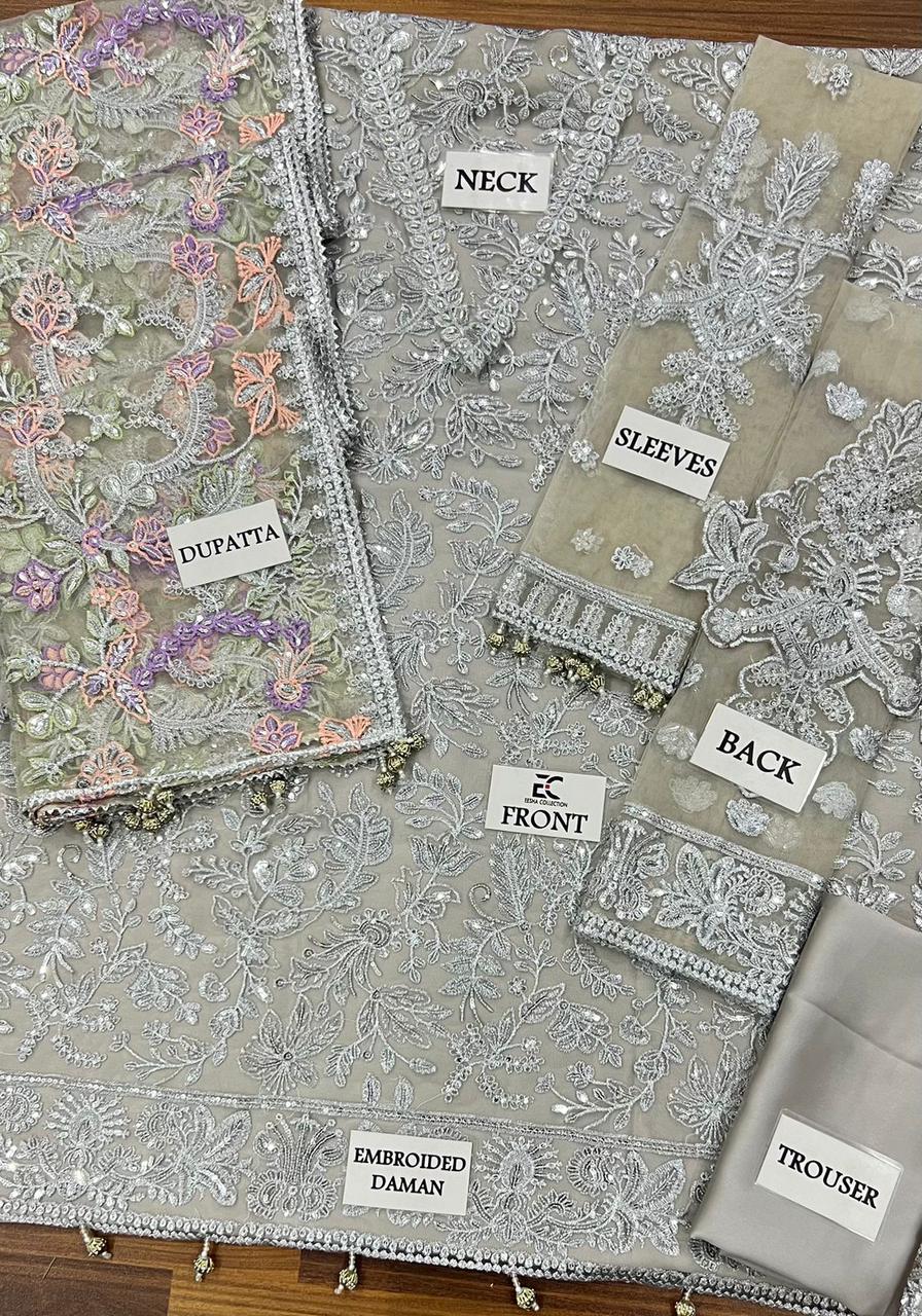 ZARIF LUXURY Z-BD-2807 Exquisite Silver Grey Net Embroidered Suit with Multi-Color Dupatta - Image 10