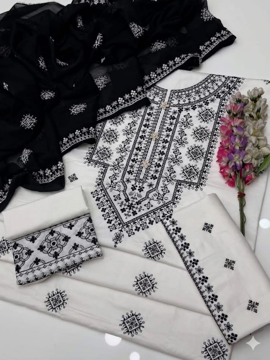 Elegant Black Lawn Cotton 3-Piece Unstitched Suit with Intricate White Embroidery - Image 4
