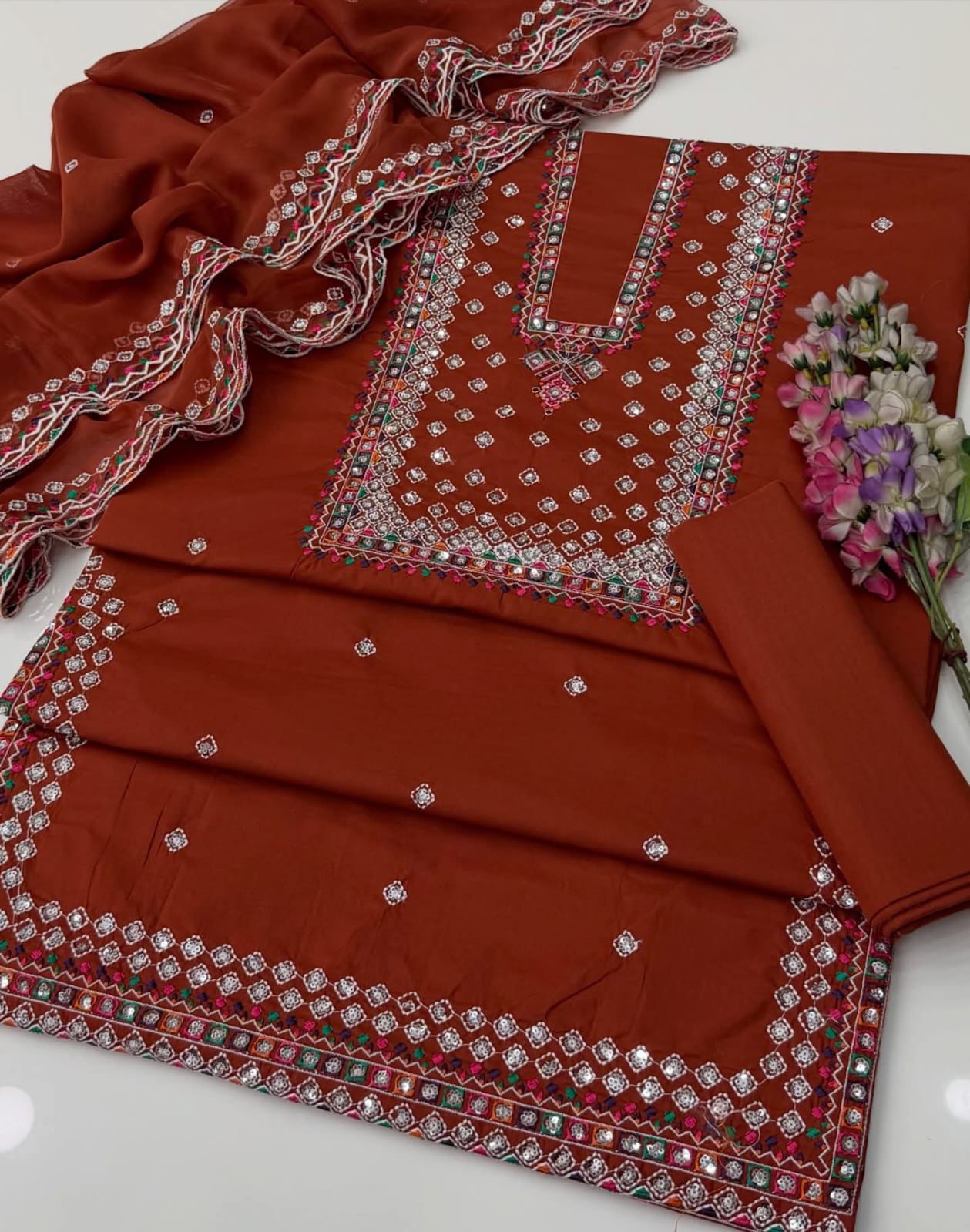 Jazmin Style Lawn Cotton 3pc Unstitched Suit with Sequence & Multi Thread Embroidery - Image 7