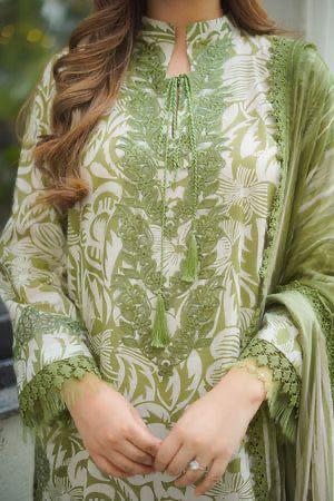 Aneela’s A-297 Olive Green Embroidered Lawn Suit with Chiffon Dupatta - Image 2