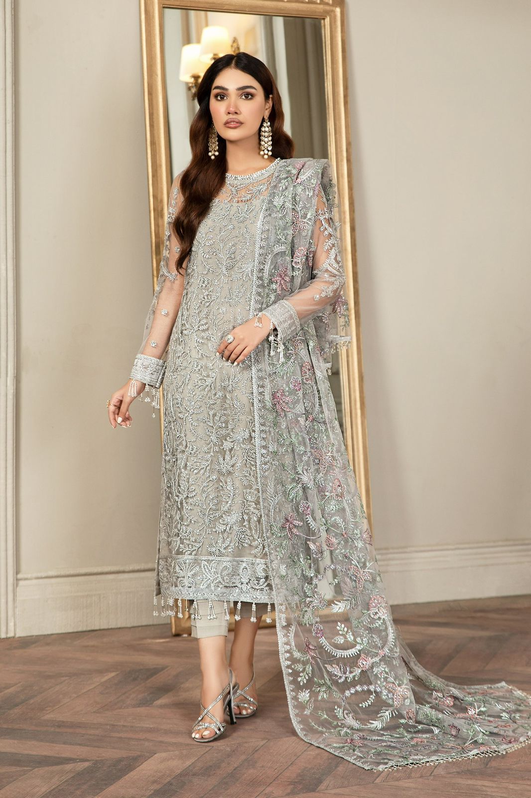 ZARIF LUXURY Z-BD-2807 Exquisite Silver Grey Net Embroidered Suit with Multi-Color Dupatta - Image 2
