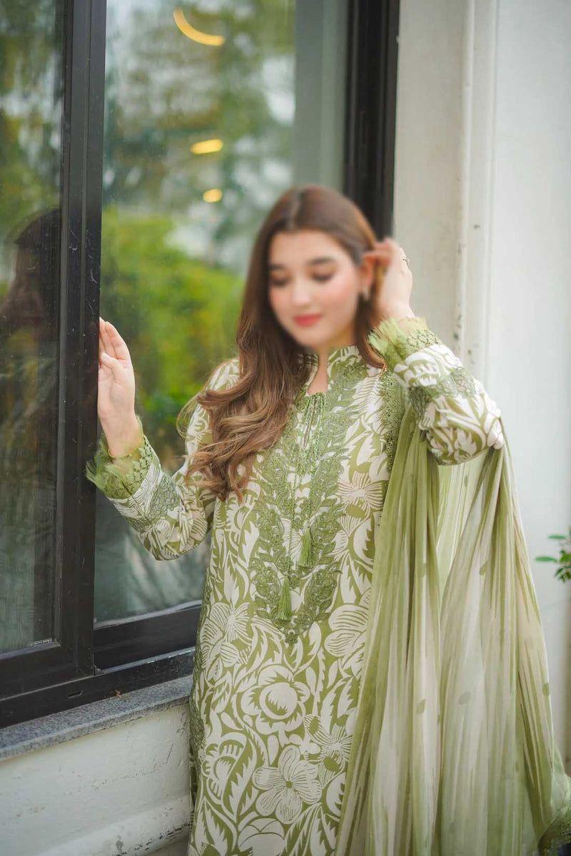 Aneela’s A-297 Olive Green Embroidered Lawn Suit with Chiffon Dupatta - Image 3
