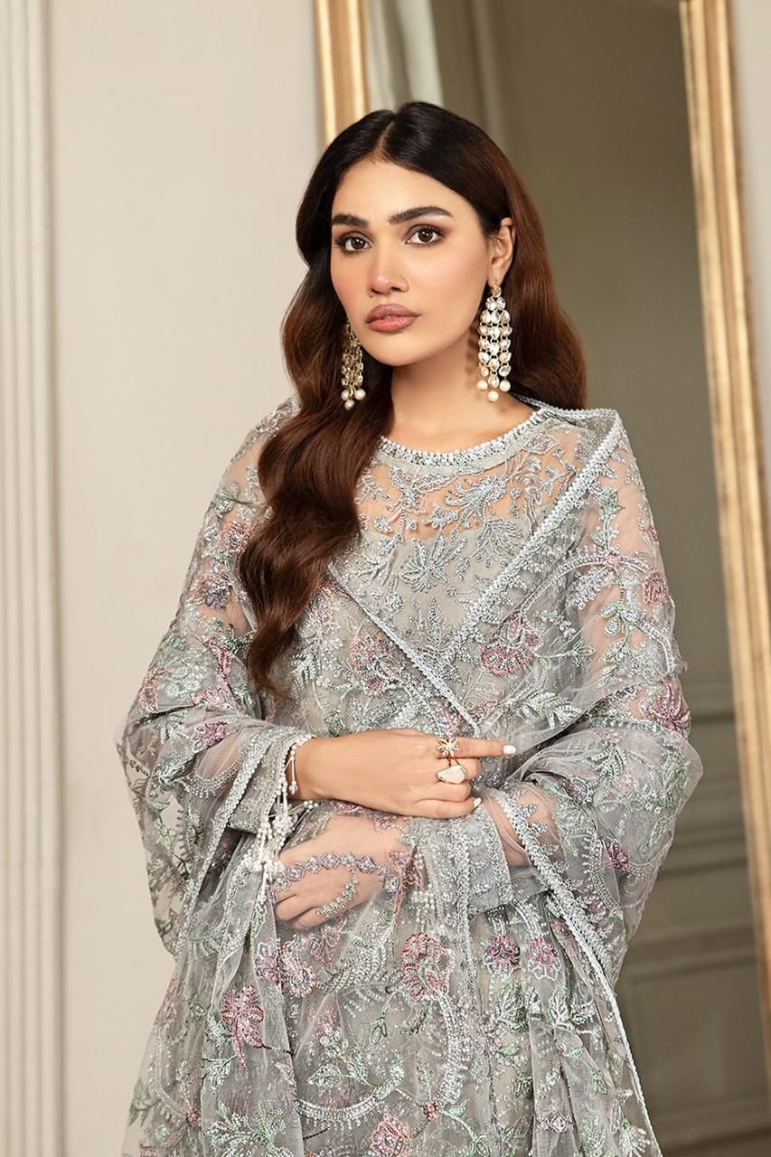 ZARIF LUXURY Z-BD-2807 Exquisite Silver Grey Net Embroidered Suit with Multi-Color Dupatta - Image 3