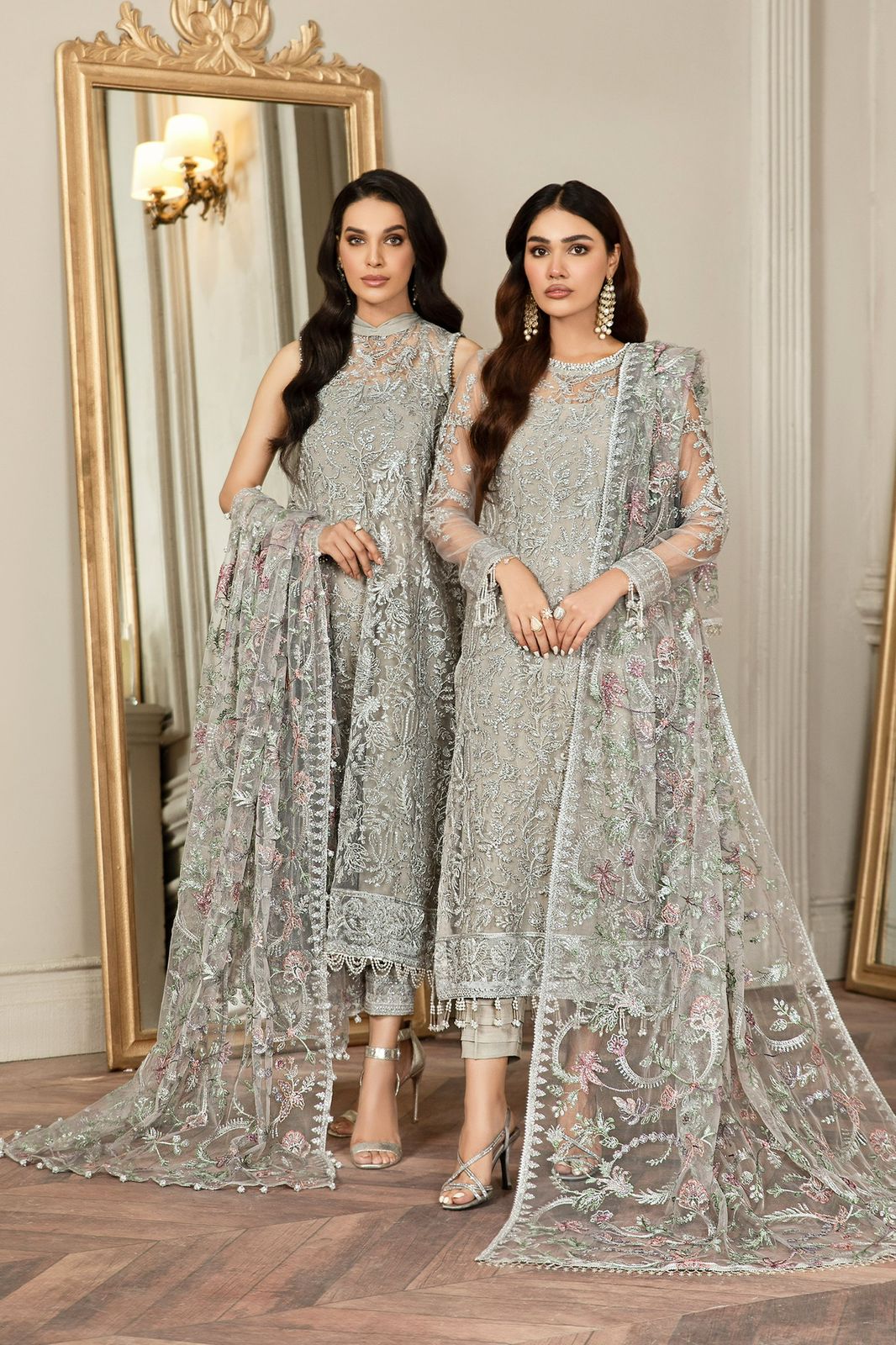 ZARIF LUXURY Z-BD-2807 Exquisite Silver Grey Net Embroidered Suit with Multi-Color Dupatta - Image 4