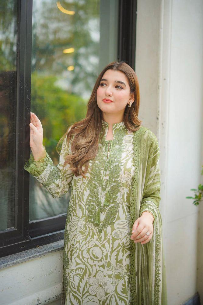 Aneela’s A-297 Olive Green Embroidered Lawn Suit with Chiffon Dupatta - Image 5