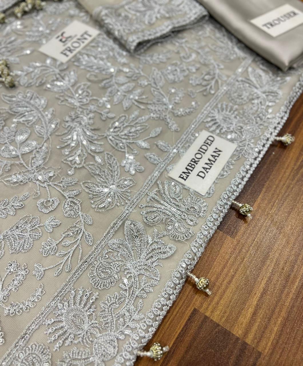 ZARIF LUXURY Z-BD-2807 Exquisite Silver Grey Net Embroidered Suit with Multi-Color Dupatta - Image 6
