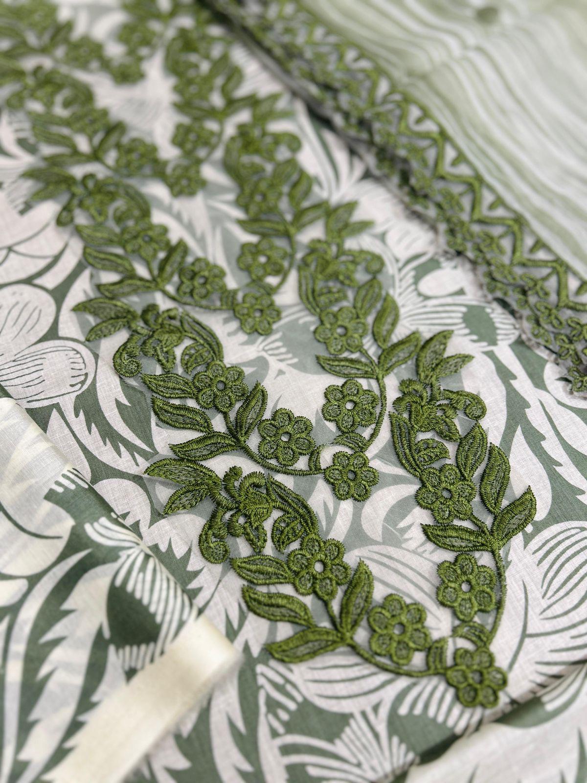Aneela’s A-297 Olive Green Embroidered Lawn Suit with Chiffon Dupatta - Image 6