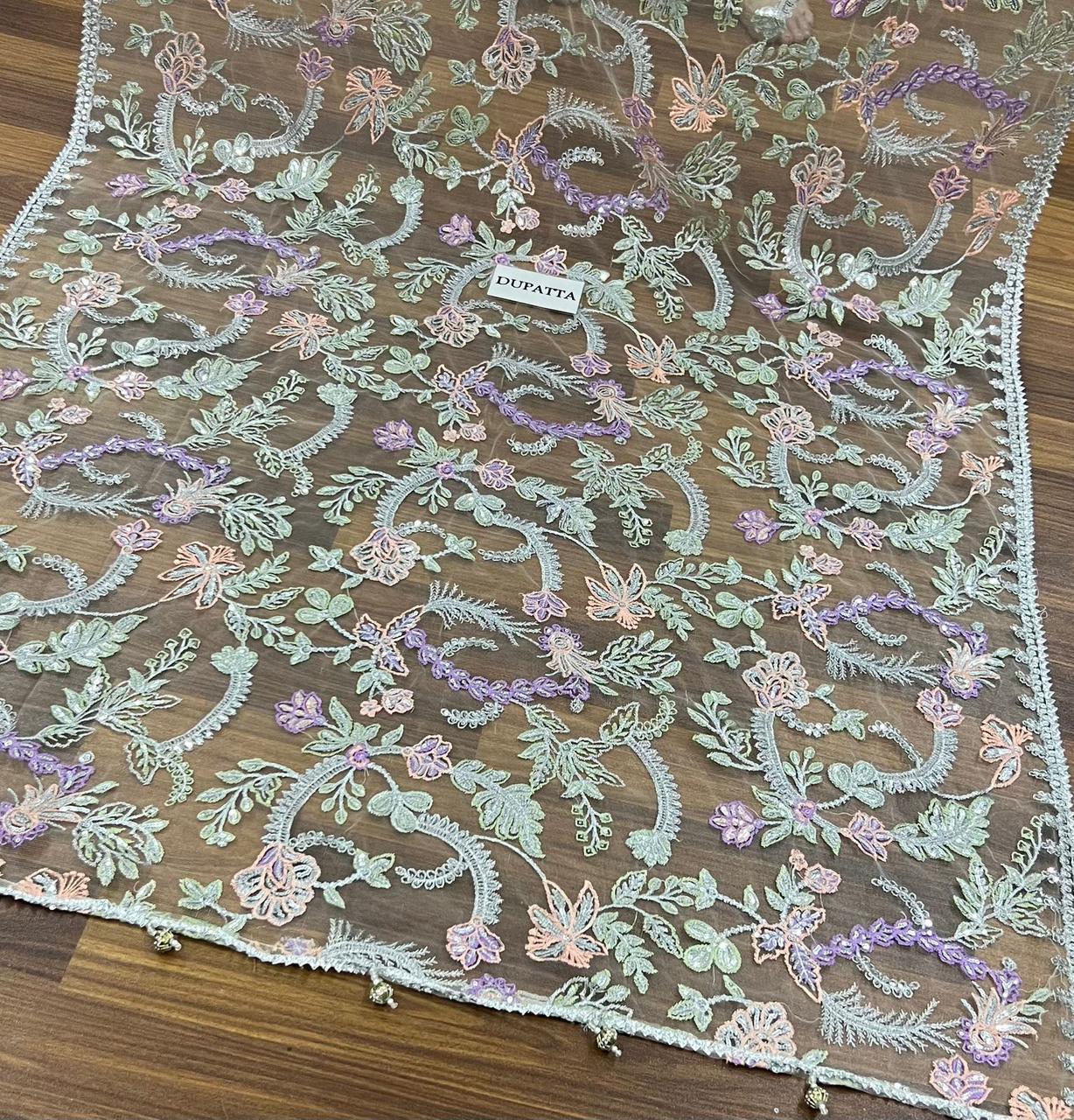 ZARIF LUXURY Z-BD-2807 Exquisite Silver Grey Net Embroidered Suit with Multi-Color Dupatta - Image 7
