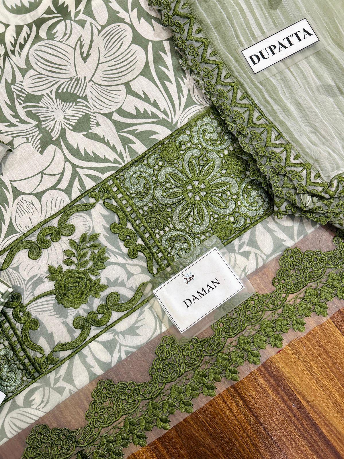 Aneela’s A-297 Olive Green Embroidered Lawn Suit with Chiffon Dupatta - Image 8