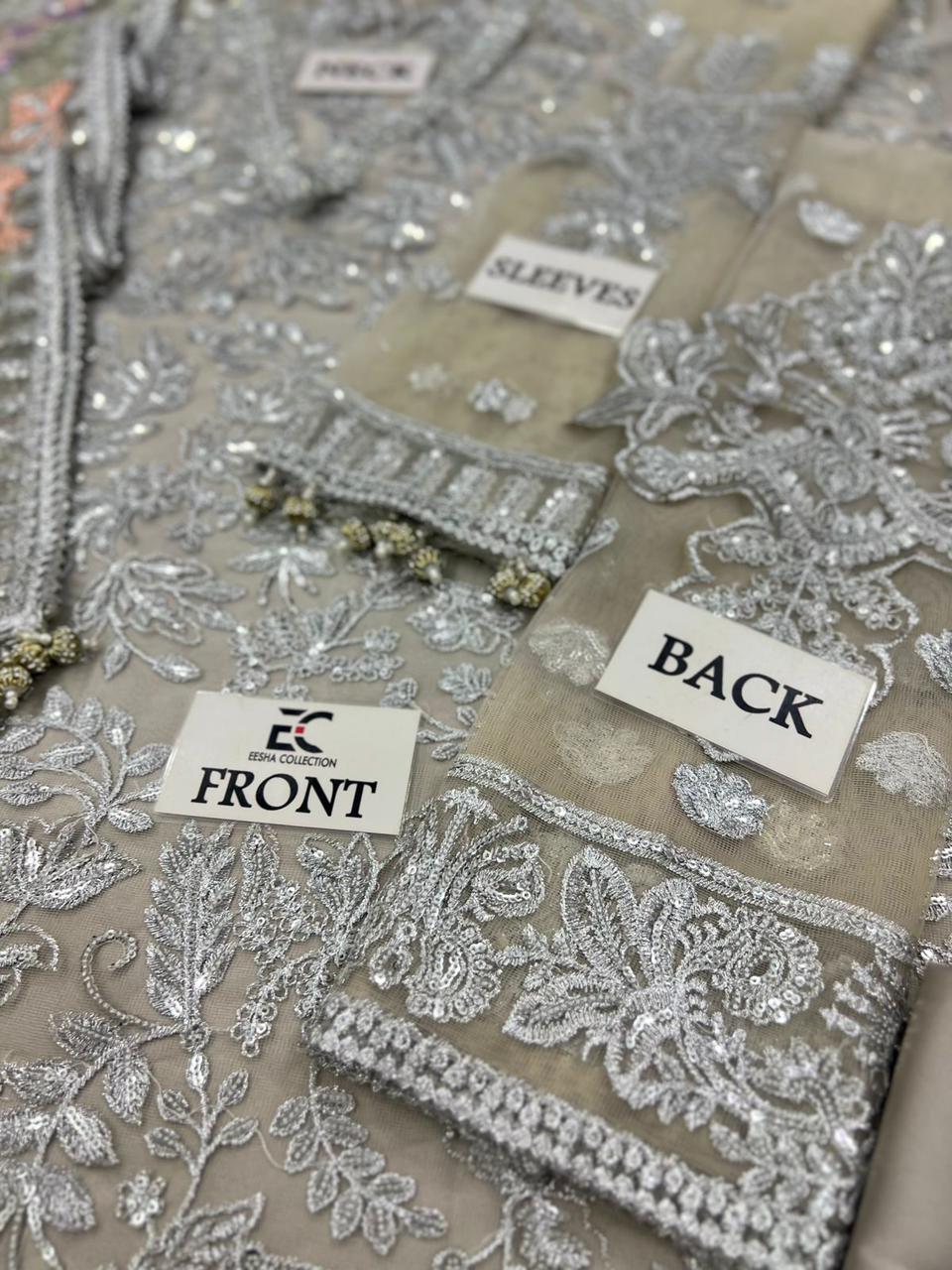 ZARIF LUXURY Z-BD-2807 Exquisite Silver Grey Net Embroidered Suit with Multi-Color Dupatta - Image 8