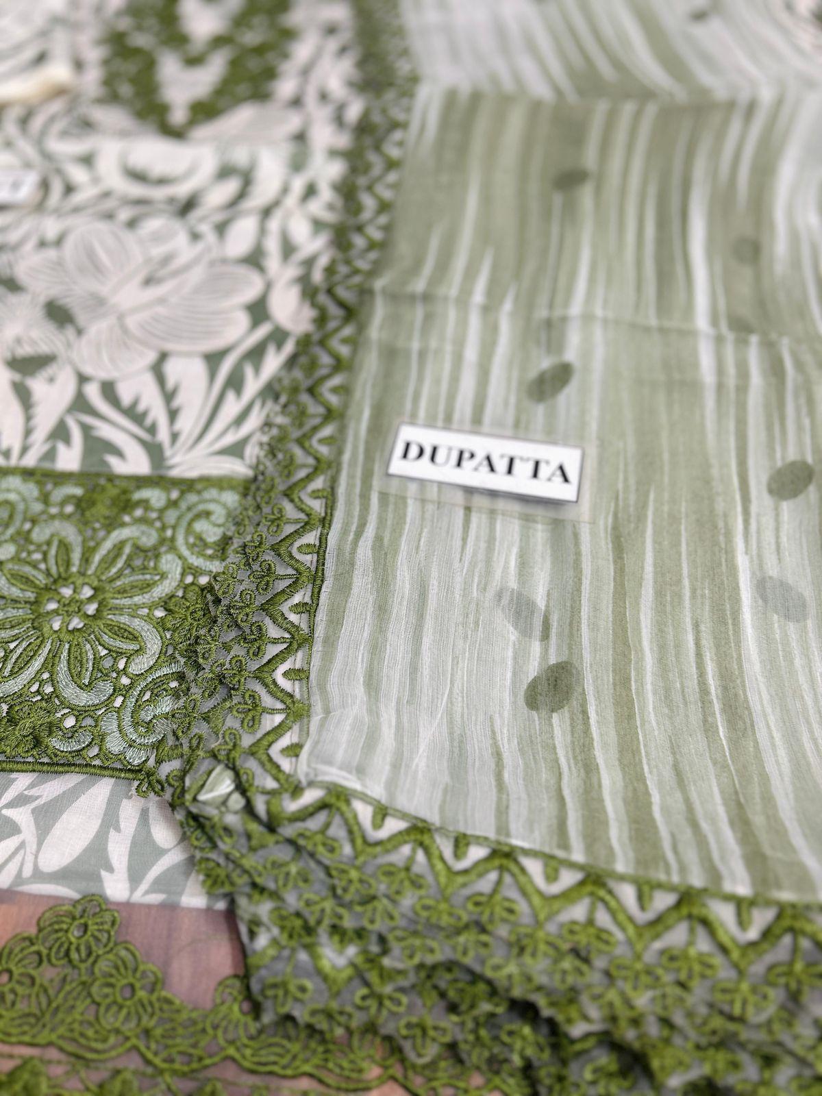 Aneela’s A-297 Olive Green Embroidered Lawn Suit with Chiffon Dupatta - Image 9