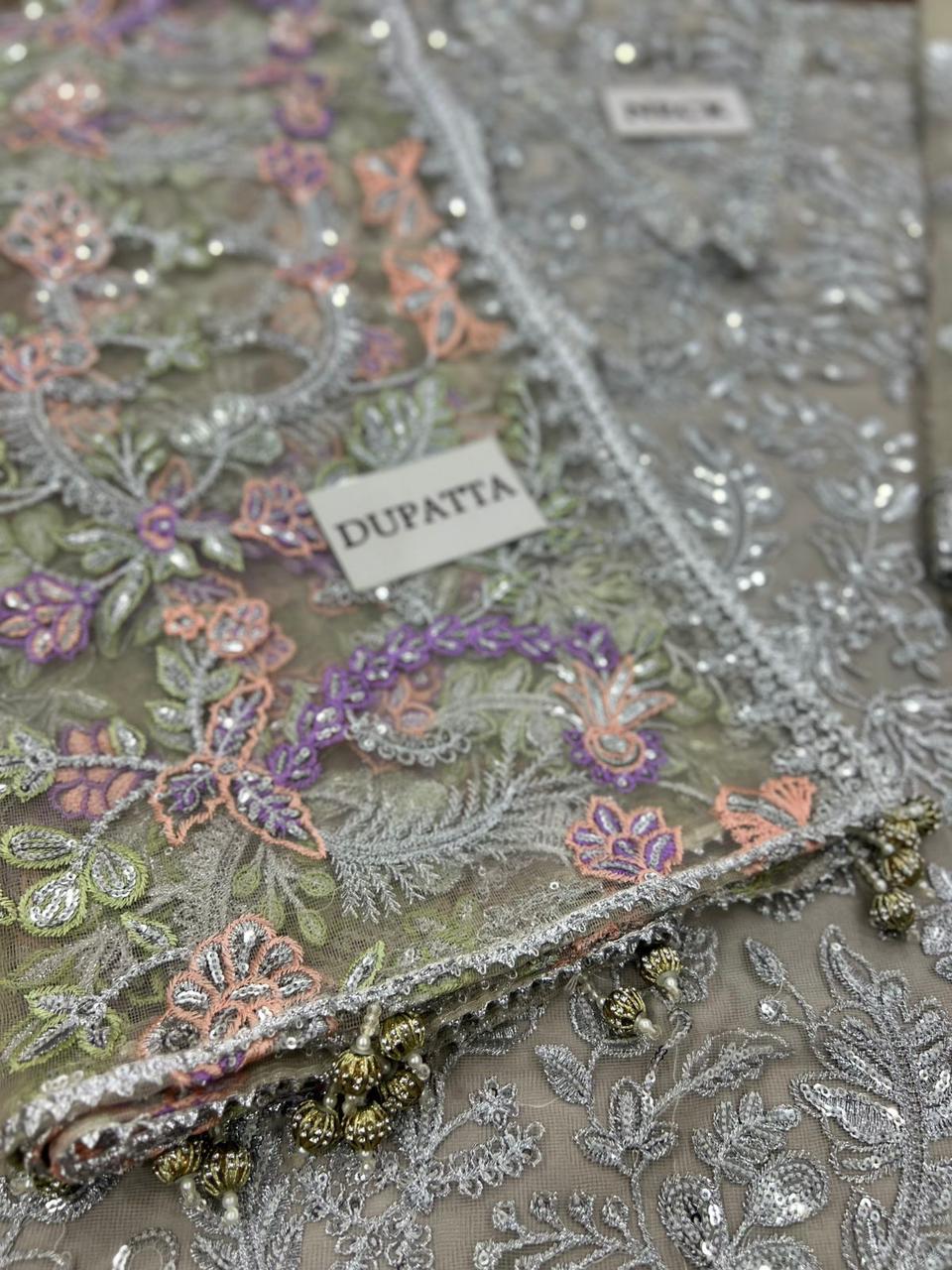 ZARIF LUXURY Z-BD-2807 Exquisite Silver Grey Net Embroidered Suit with Multi-Color Dupatta - Image 9