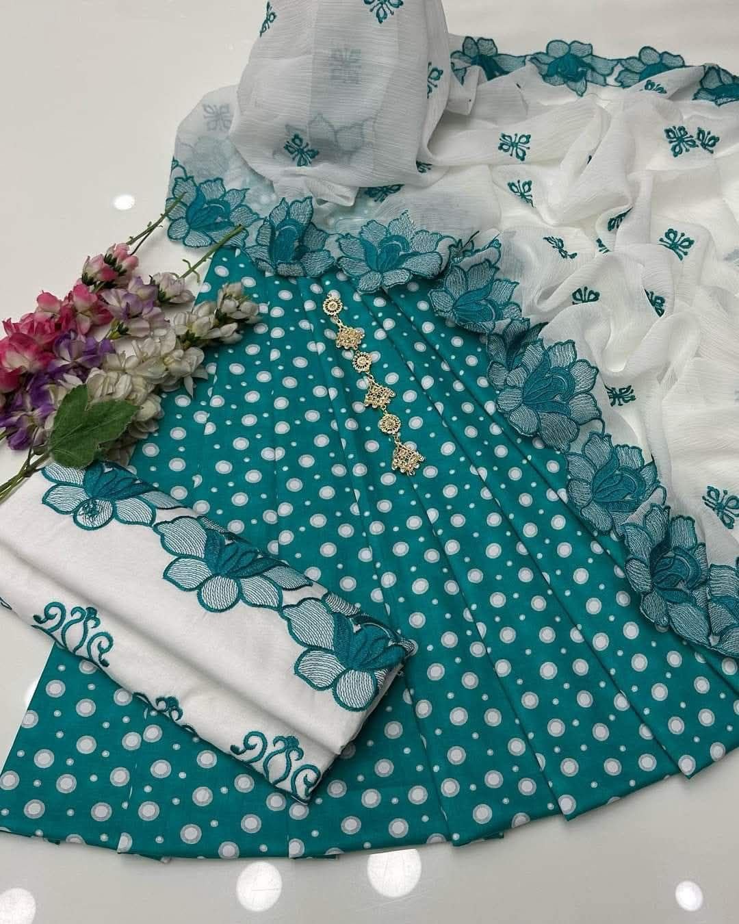Exquisite Lawn Cotton 3-Piece Dress | Trending Cut Work Embroidery & Digital Print Collection - Image 3