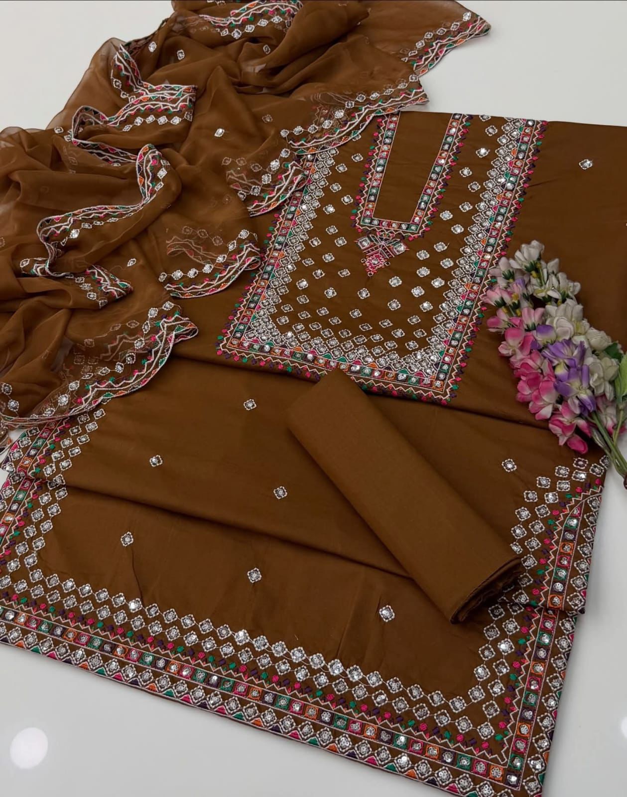 Jazmin Style Lawn Cotton 3pc Unstitched Suit with Sequence & Multi Thread Embroidery - Image 8