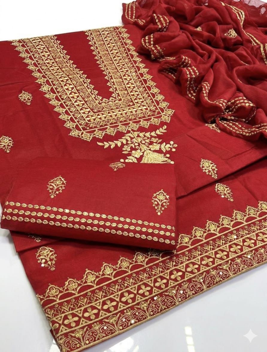 Maroon Lawn Cotton Embroidered Sequence Luxury Unstitched 3pc Maroon (Deep Wine) Black Mustard (Dark Yellow/Ochre) Red (Br