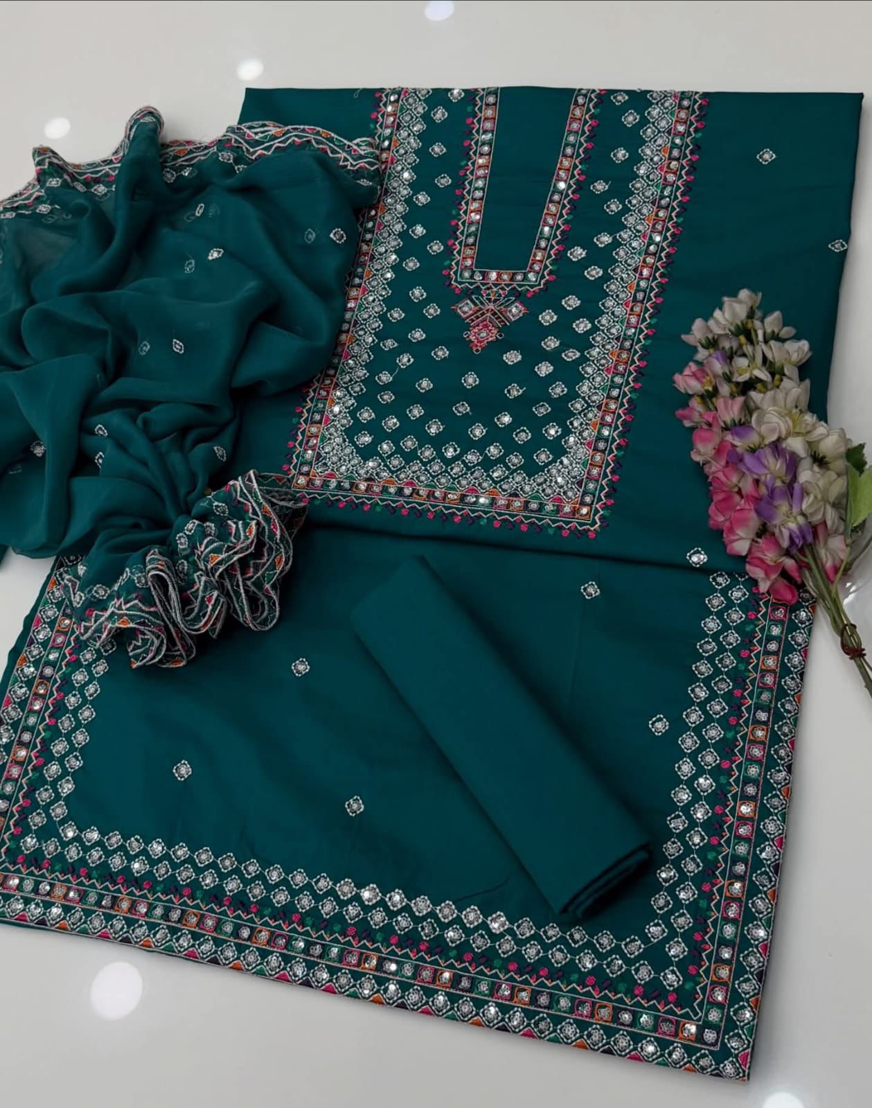 Jazmin Style Lawn Cotton 3pc Unstitched Suit with Sequence & Multi Thread Embroidery - Image 9