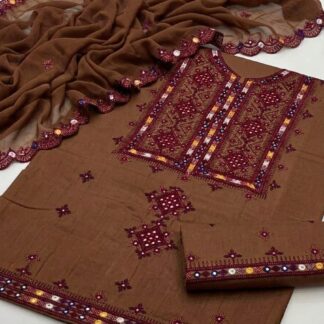 Authentic Balochi Style Embroidered 3-Piece Lawn Cotton Unstitched Suit - Embrace the rich cultural heritage of Balochistan w