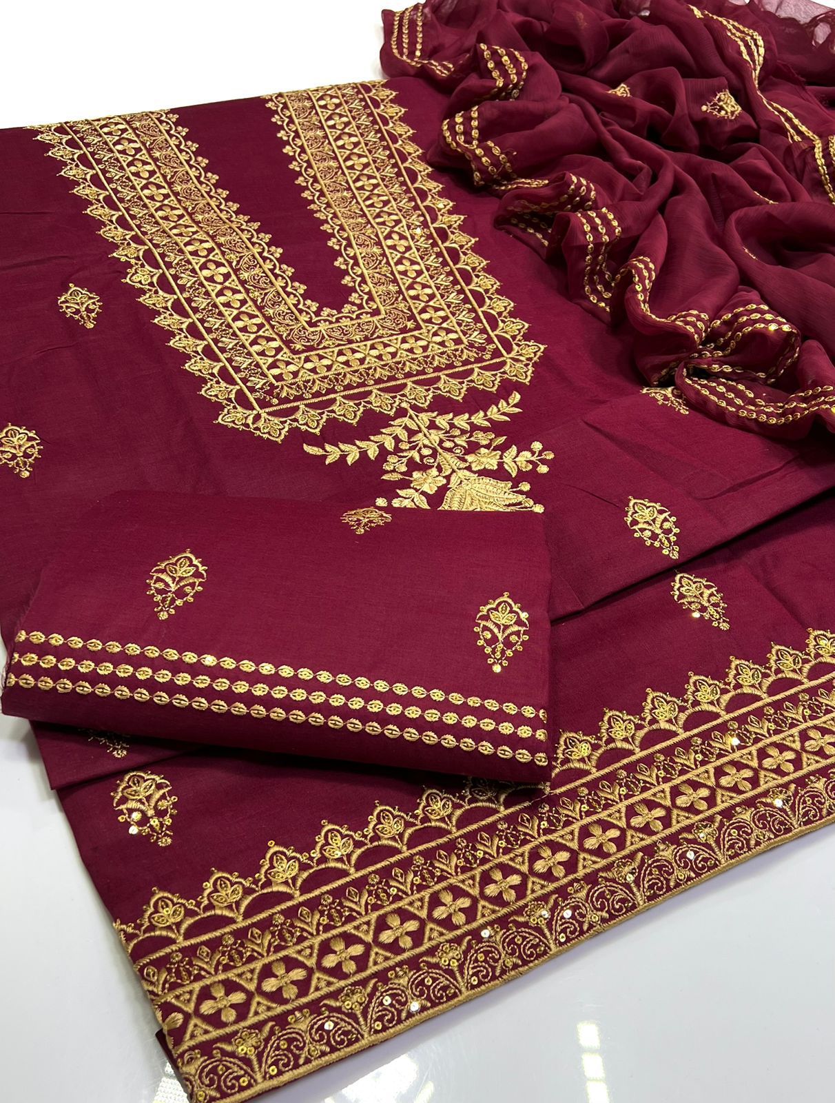 Maroon Lawn Cotton Embroidered Sequence Luxury Unstitched 3pc Maroon (Deep Wine) Black Mustard (Dark Yellow/Ochre) Red (Bright Crimson) Plum (Dark Magenta/Burgundy) Teal Green (Deep Sea Green) - Image 2