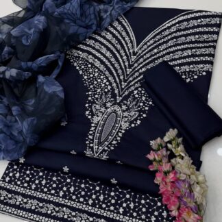 Luxury Unstitched 3-Piece Lawn Cotton Suit with Sequence Embroidery - Elevate your ethnic wardrobe with this exquisite 3-piec