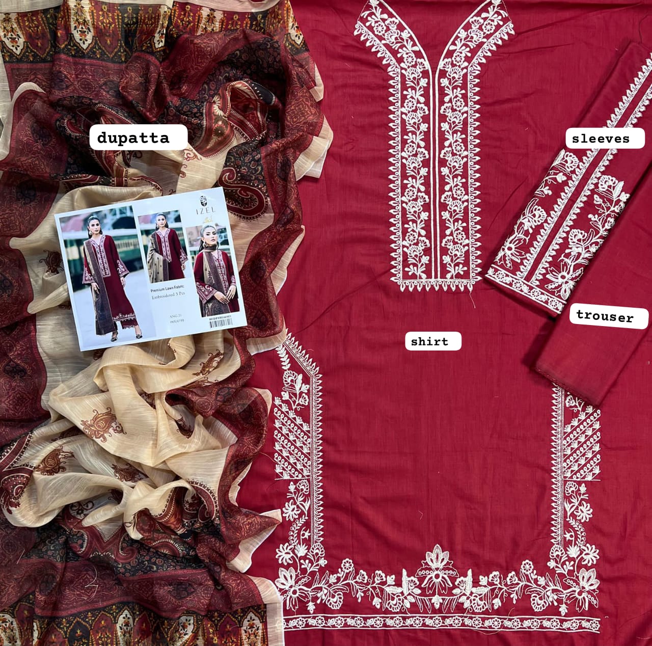 IZEL Premium Embroidered Lawn Unstitched 3PC Suit for Summer - Image 3