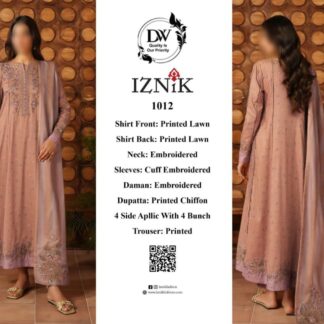 IZNIK Premium Lawn 3PC Unstitched Dress with Embroidered Chiffon Dupatta - Step into a world of timeless elegance and