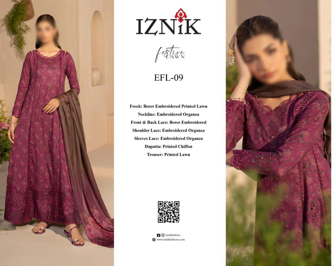 Iznik Lawn Collection EFL-09 | Premium Embroidered Floral Unstitched Suit - Step into a realm of unparalleled elegance and