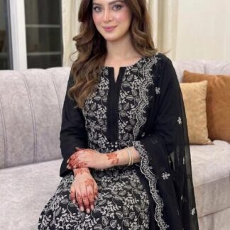 Black Chikankari Embroidered Lawn Unstitched 3pc Suit | Luxury Ethnic Wear - Unveiling the epitome of traditional elegance an