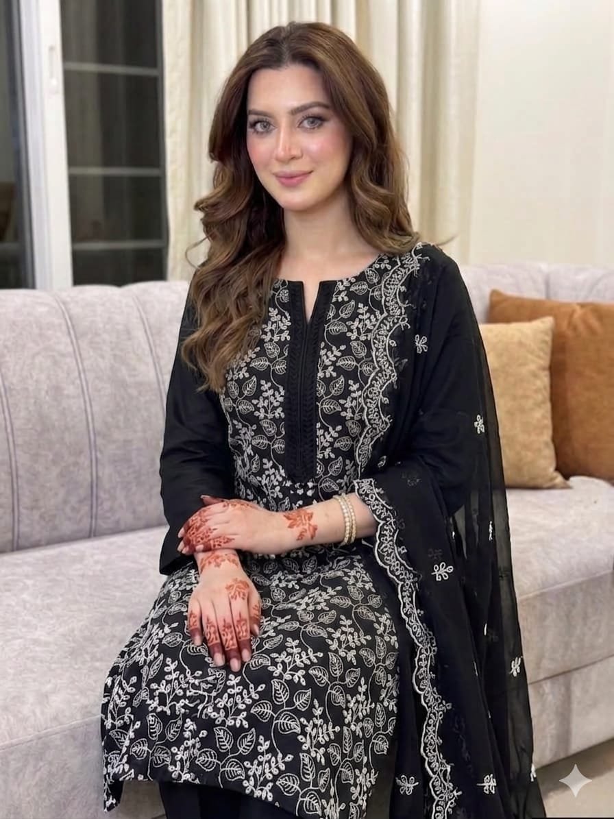 Black Chikankari Embroidered Lawn Unstitched 3pc Suit | Luxury Ethnic Wear - Unveiling the epitome of traditional elegance an
