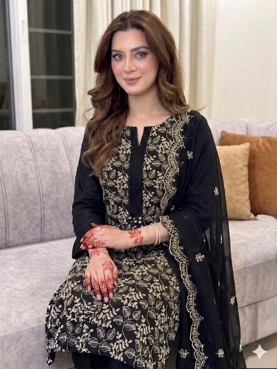 Black Chikankari Embroidered Lawn Unstitched 3pc Suit | Luxury Ethnic Wear - Image 2