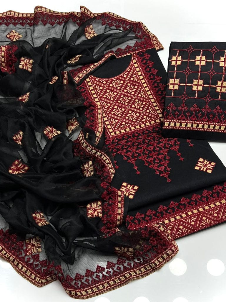 Multani Lawn Cotton Embroidered 3pc Unstitched Suit | Elegant Chiffon Dupatta Dress - Image 4