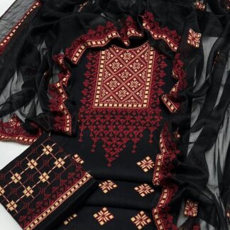 Multani Lawn Cotton Embroidered 3pc Unstitched Suit | Elegant Chiffon Dupatta Dress - Step into a world where timeless elegan