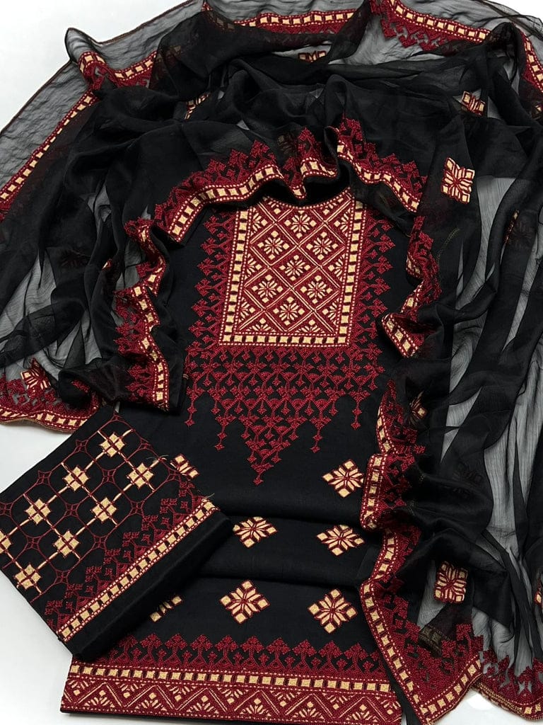 Multani Lawn Cotton Embroidered 3pc Unstitched Suit | Elegant Chiffon Dupatta Dress - Step into a world where timeless elegan