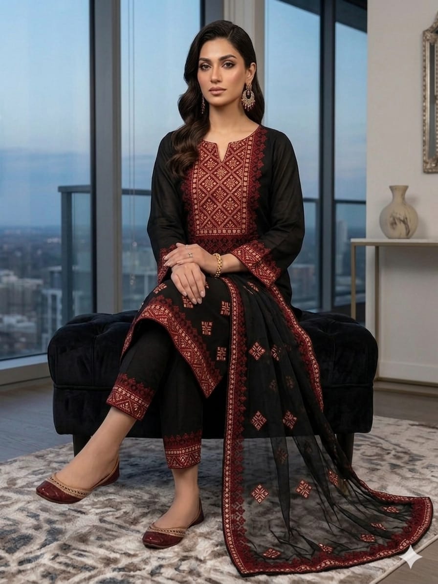 Multani Lawn Cotton Embroidered 3pc Unstitched Suit | Elegant Chiffon Dupatta Dress - Image 2