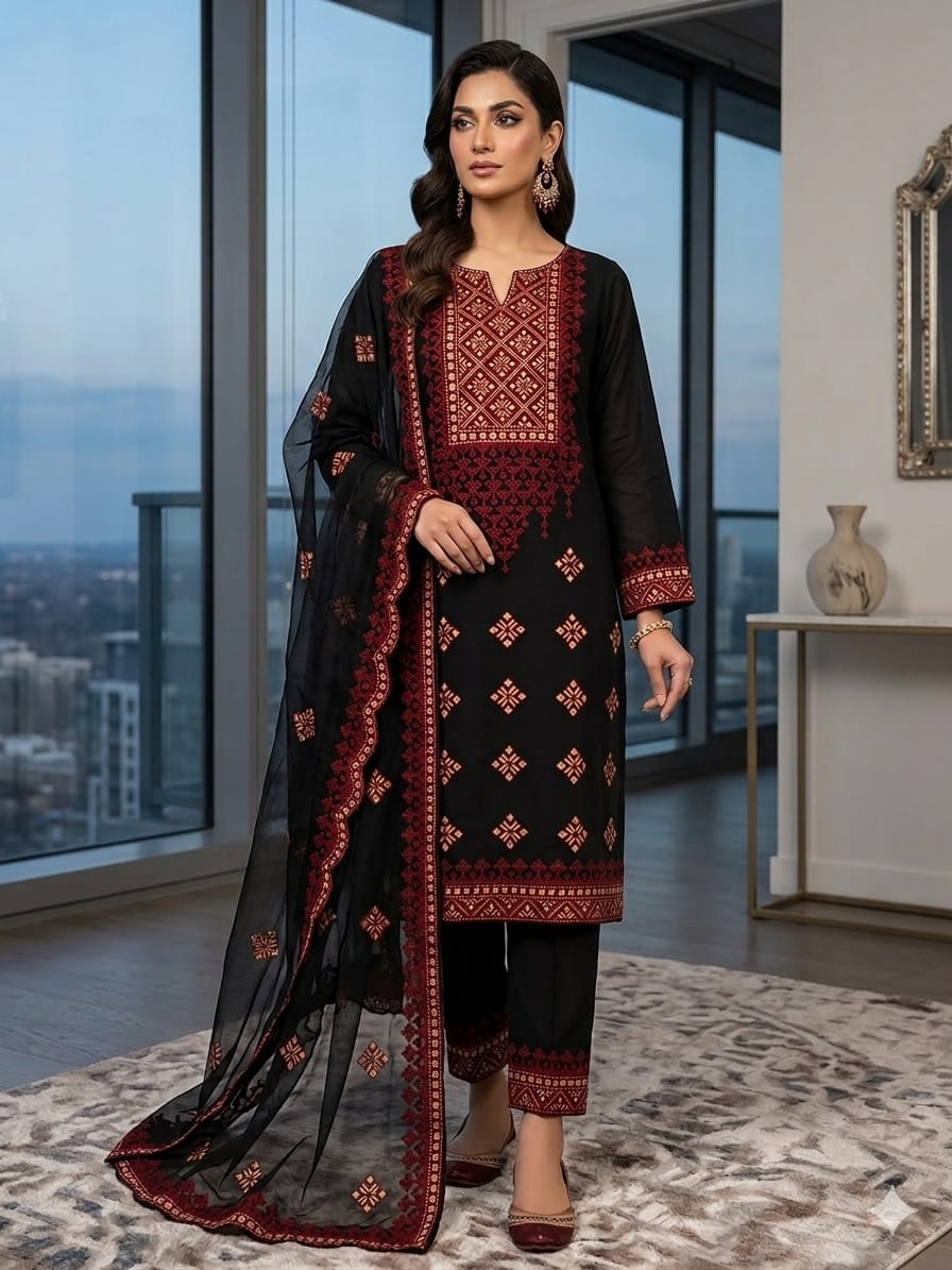 Multani Lawn Cotton Embroidered 3pc Unstitched Suit | Elegant Chiffon Dupatta Dress - Image 3