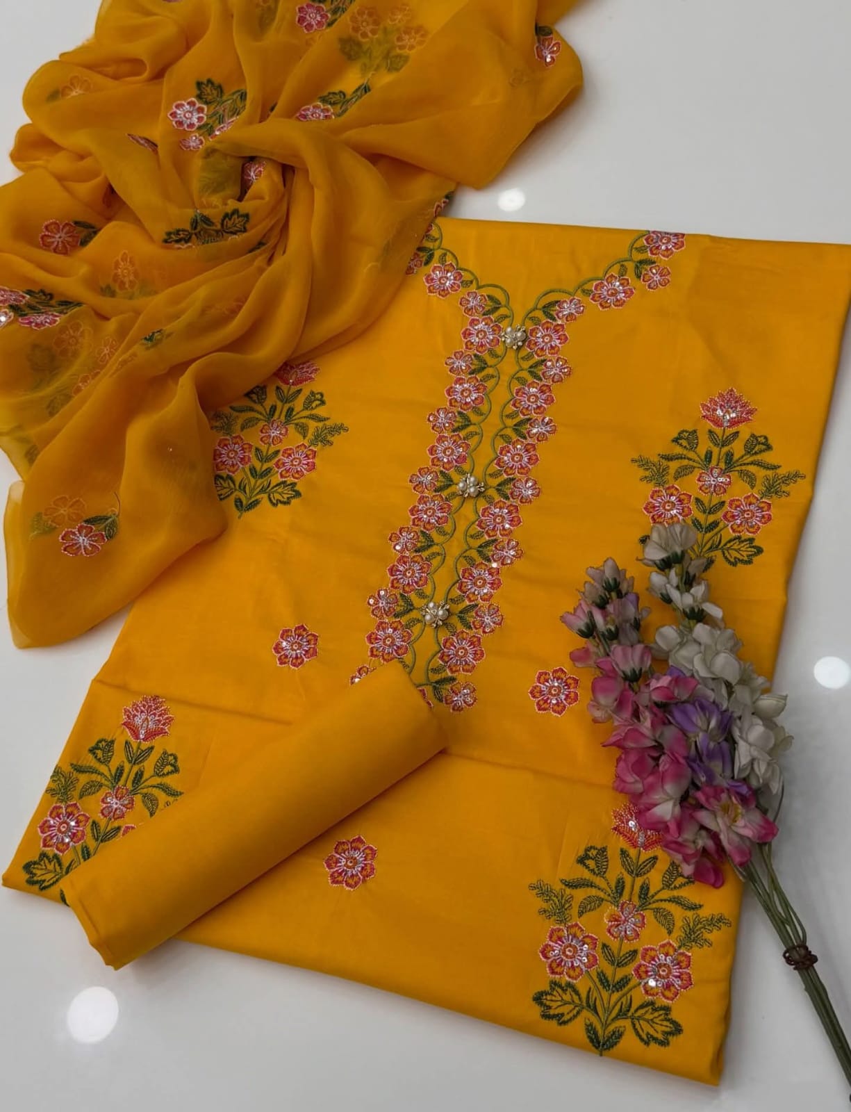 Luxury Lawn Cotton Embroidered 3pc Unstitched Suit with Sequence Work & Chiffon Dupatta - Image 3