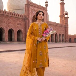 Luxury Lawn Cotton Embroidered 3pc Unstitched Suit with Sequence Work & Chiffon Dupatta - Discover the epitome of eleganc
