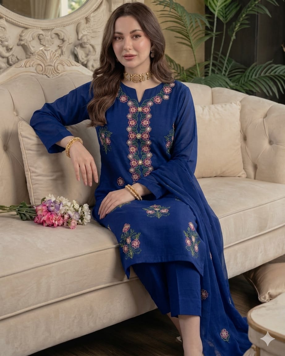 Luxury Lawn Cotton Embroidered 3pc Unstitched Suit with Sequence Work & Chiffon Dupatta - Image 2