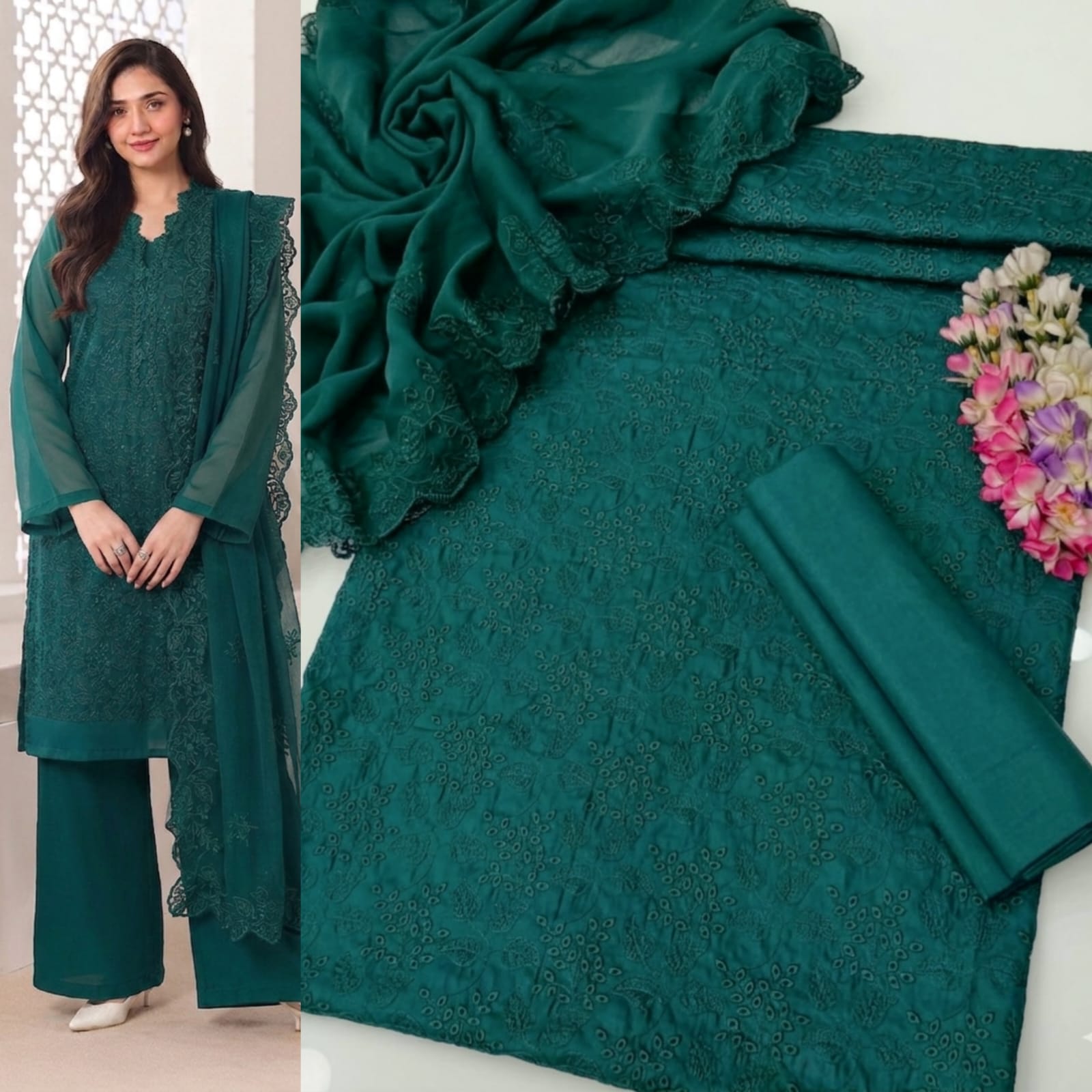 Luxury Teal Green Chikankari Lawn Cotton Embroidered 3PC Unstitched Suit - Image 5
