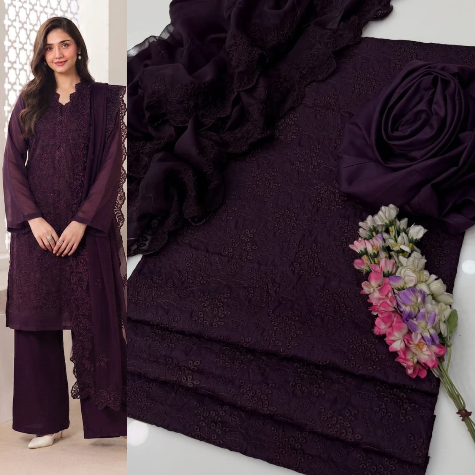 Luxury Chikankari Embroidered Lawn Cotton 3-Piece Unstitched Suit for Women | Elegant Teal Ensemble - Image 7