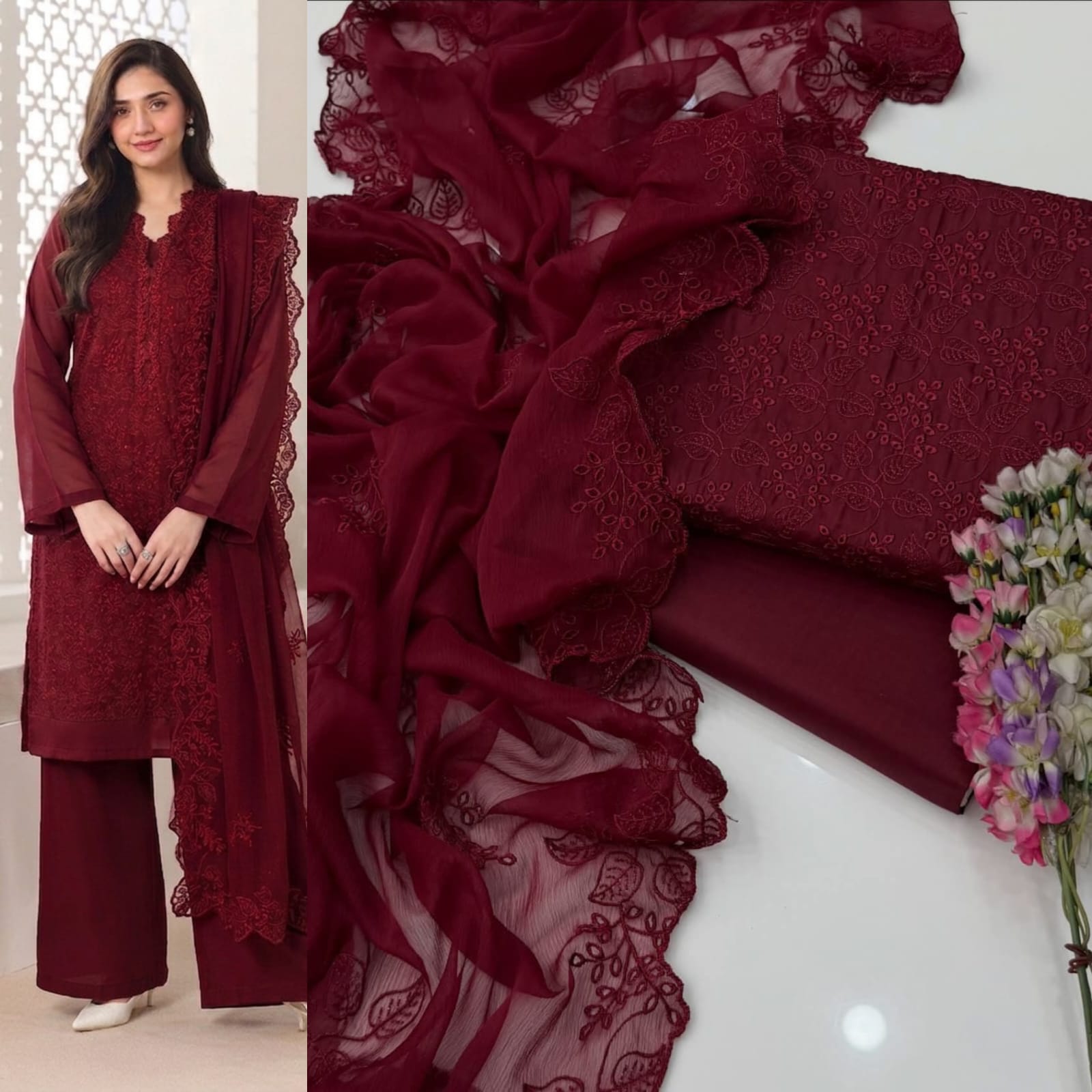 Luxury Chikankari Embroidered Lawn Cotton 3-Piece Unstitched Suit | Elegant Maroon Ensemble - Image 5
