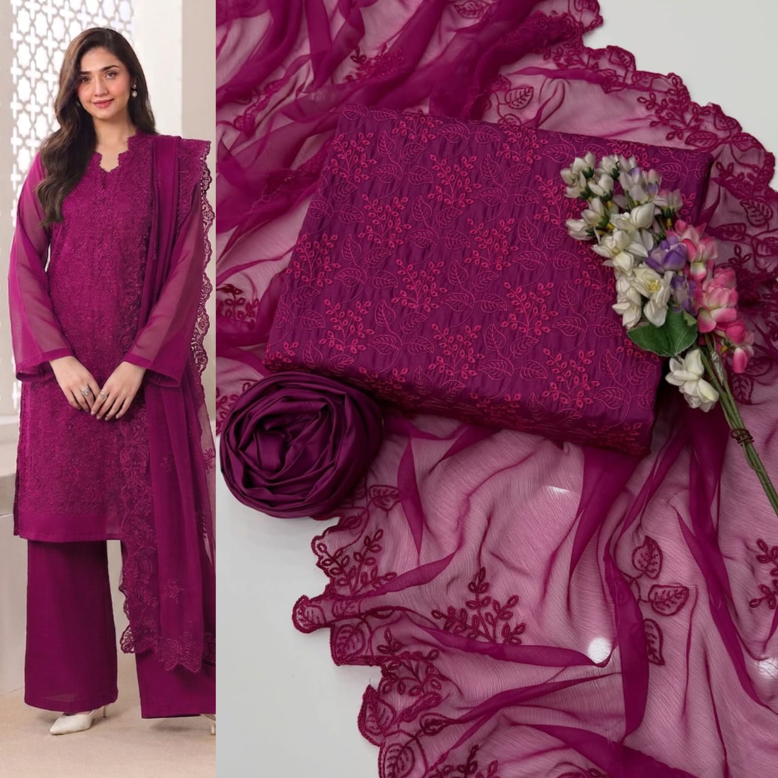Luxury Chikankari Embroidered Lawn Cotton 3-Piece Unstitched Suit | Elegant Maroon Ensemble - Image 3