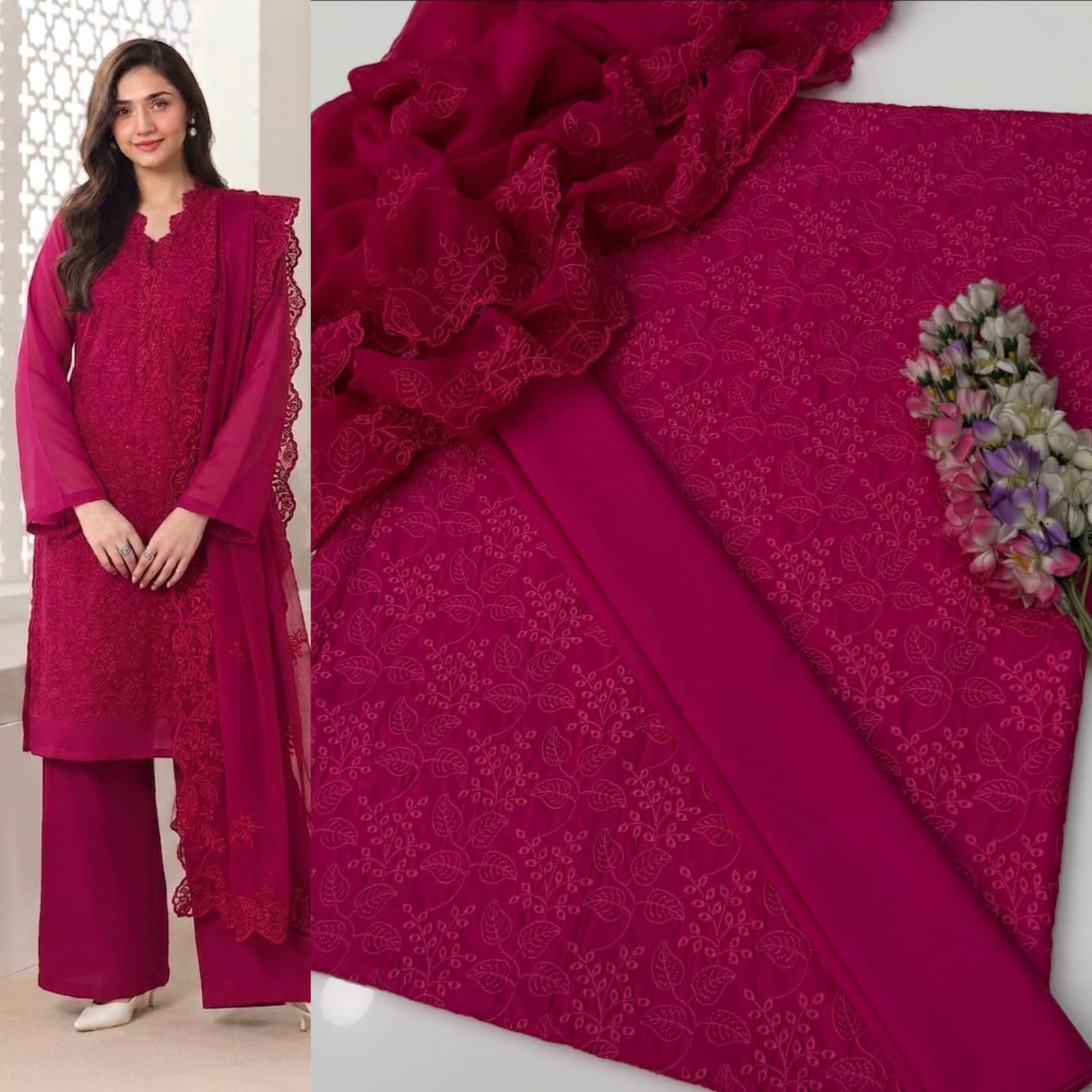 Luxury Chikankari Embroidered Lawn Cotton 3-Piece Unstitched Suit | Elegant Maroon Ensemble - Image 4