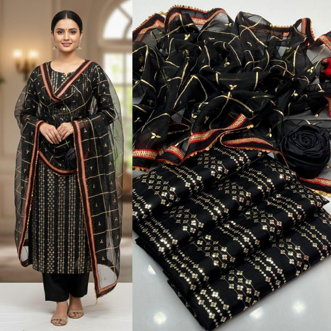 Elegant Black Organza Suit Set with Intricate Sequence Work and Stunning Dupatta - Indulge in timeless elegance with this exq