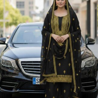 Luxurious Black Lawn Cotton Embroidered Sequence Unstitched 3-Piece Ensemble - Step into a world of refined elegance and