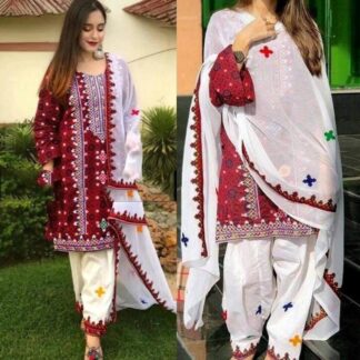 Exquisite Ajrak Balochi Unstitched 3-Piece Lawn Cotton Suit - Traditional Embroidery for Women - Immerse yourself in the rich