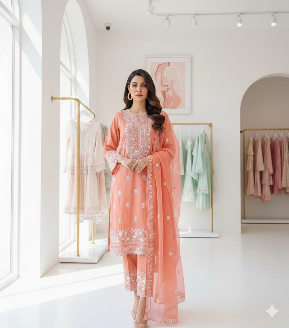 Exquisite Lawn Cotton Unstitiched 3pc Suit with Multani Embroidery - Peach Perfection - Image 3