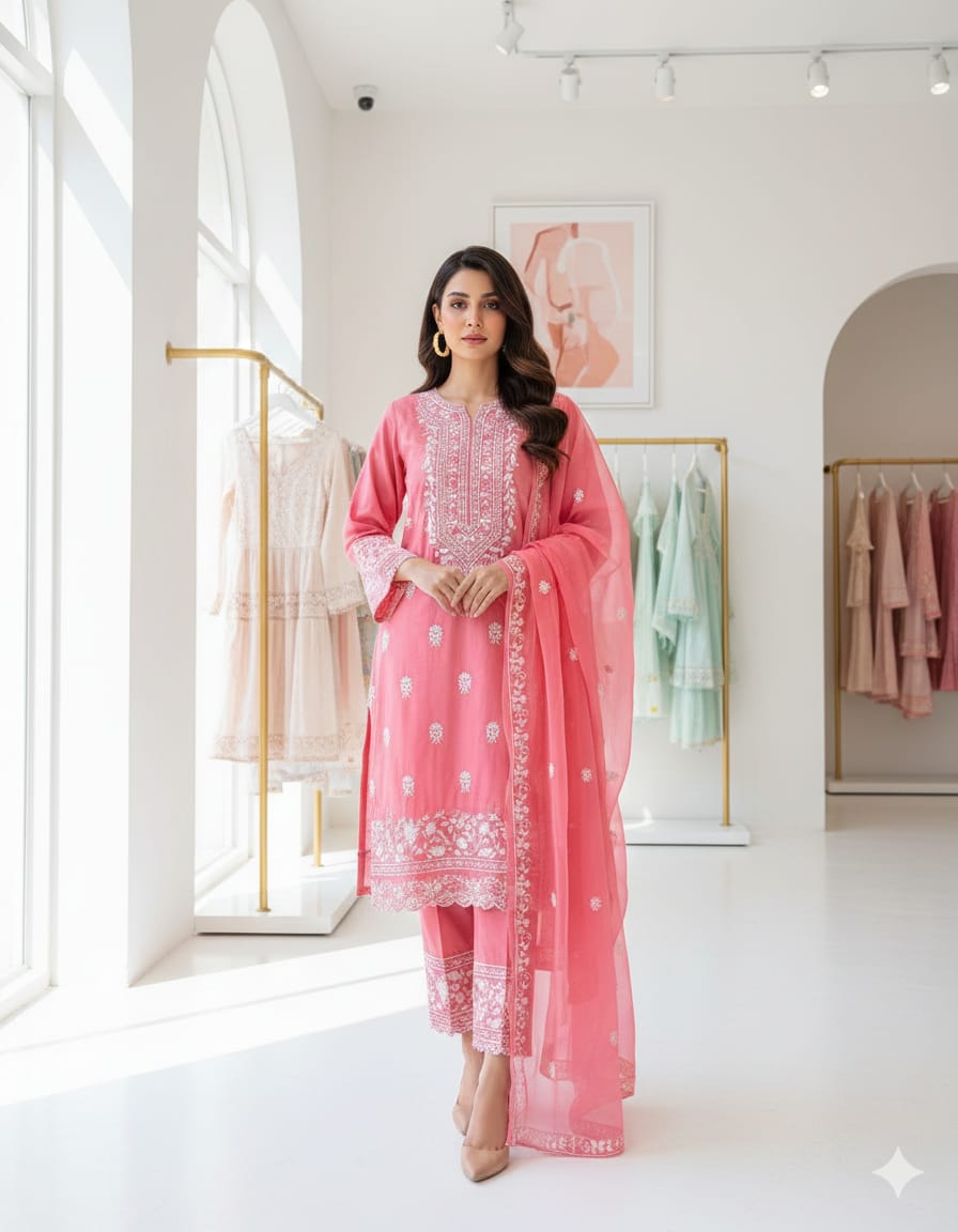 Exquisite Lawn Cotton Unstitiched 3pc Suit with Multani Embroidery - Peach Perfection - Image 4