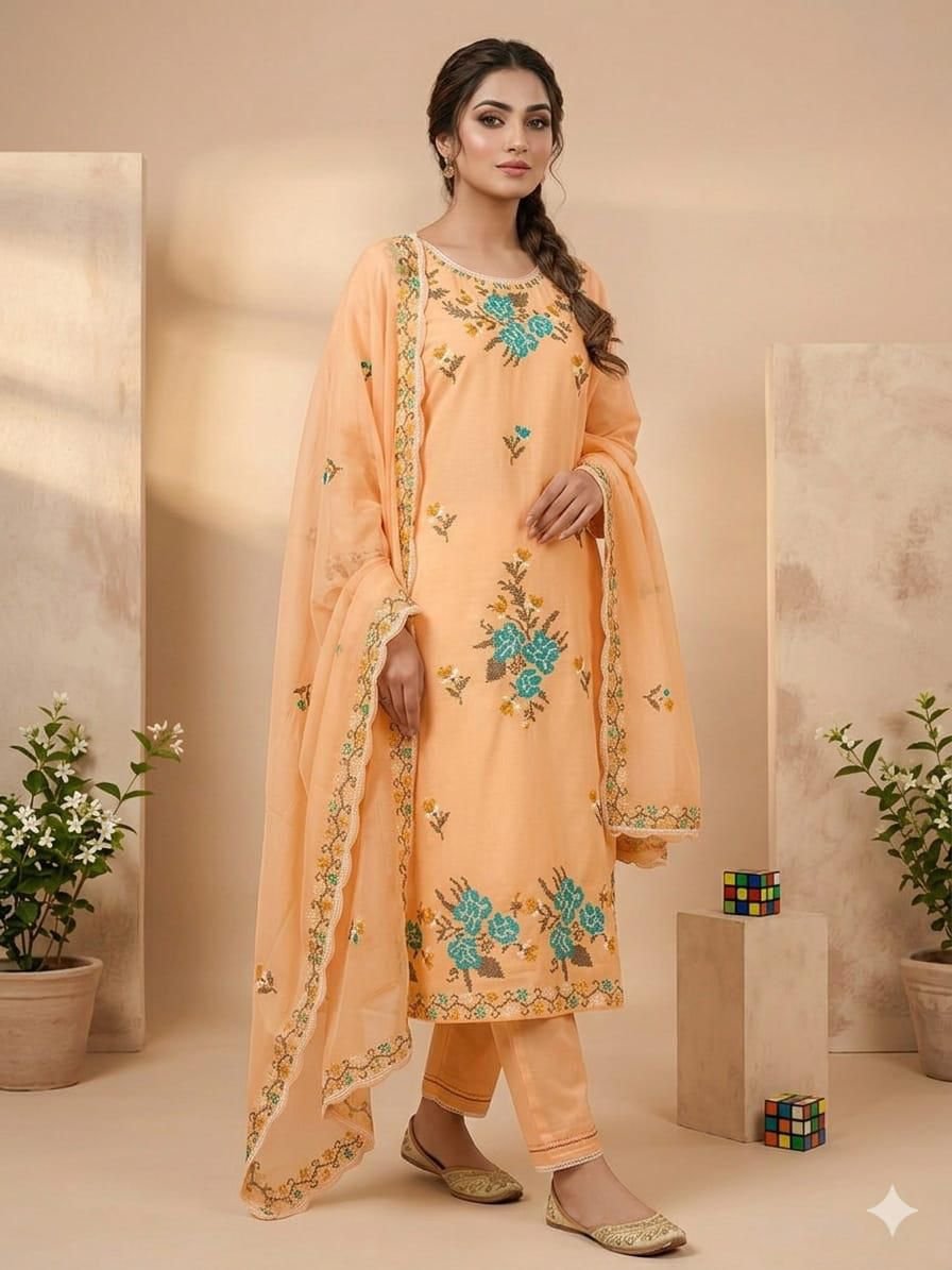 Exquisite Cross Stitch Embroidered 3-Piece Unstitched Suit in Peach, Pink, Beige, Green, Red, Black Hues - Discover the artis